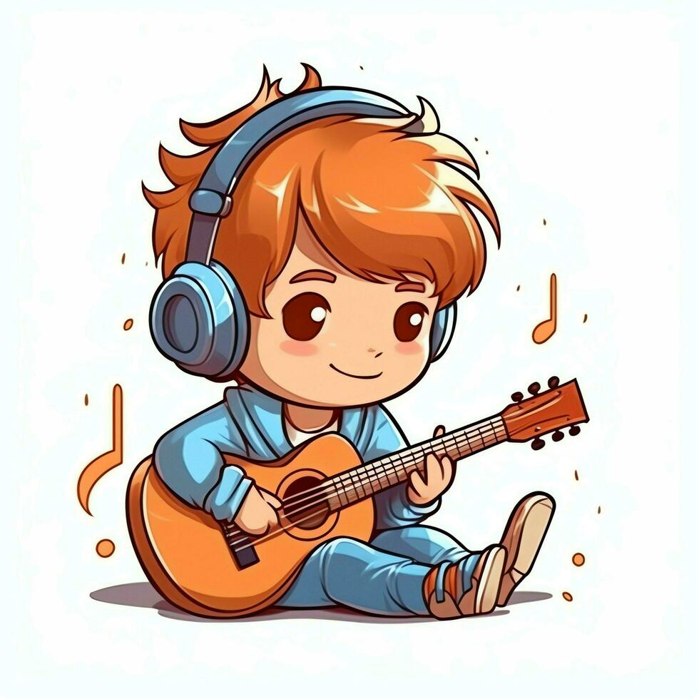 carino ragazzo giocando chitarra e ascoltando per musica con cuffia nel cartone animato stile. gioventù giorno o musica giorno concetto di ai generato foto