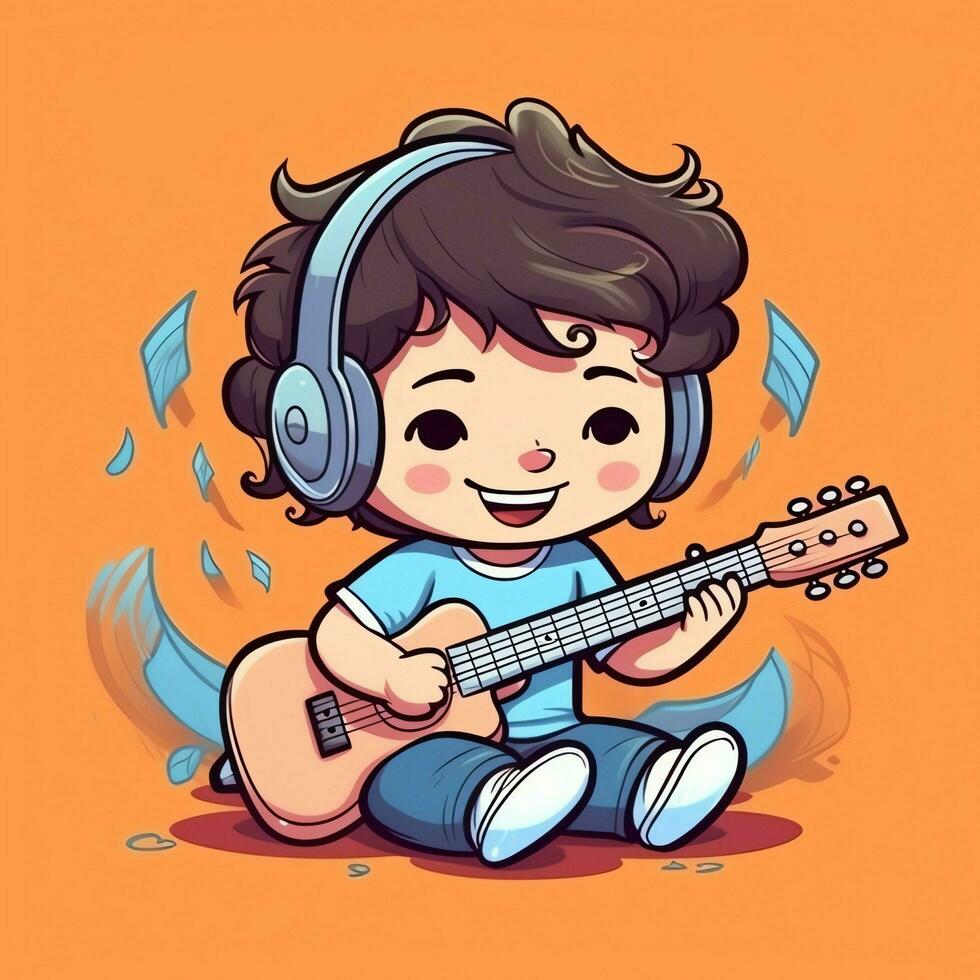 carino ragazzo giocando chitarra e ascoltando per musica con cuffia nel cartone animato stile. gioventù giorno o musica giorno concetto di ai generato foto