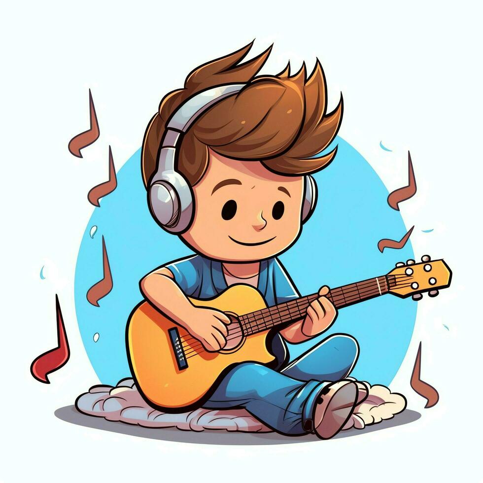 carino ragazzo giocando chitarra e ascoltando per musica con cuffia nel cartone animato stile. gioventù giorno o musica giorno concetto di ai generato foto