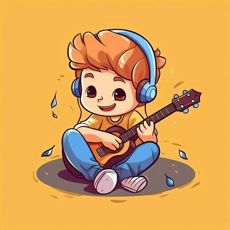 carino ragazzo giocando chitarra e ascoltando per musica con cuffia nel cartone animato stile. gioventù giorno o musica giorno concetto di ai generato foto