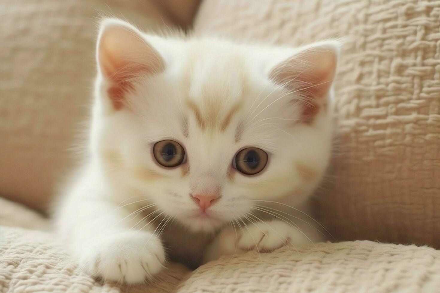 carino piccolo soffice gattino con bellissimo occhi è seduta o riposo. Britannico capelli corti. gatto giorno concetto di ai generato foto