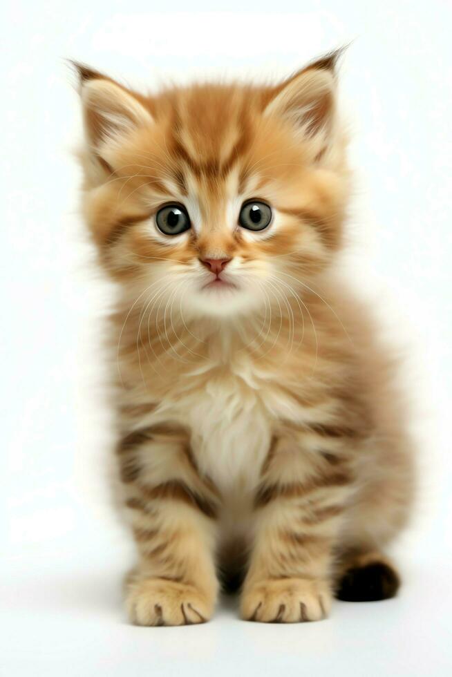 carino piccolo soffice gattino con bellissimo occhi è seduta o riposo. Britannico capelli corti. gatto giorno concetto di ai generato foto