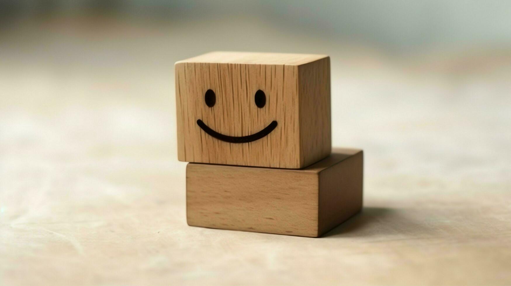 un' di legno bloccare etichetta con contento Sorridi rilassare viso bene risposta cliente. mondo mentale Salute giorno concetto di ai generato foto