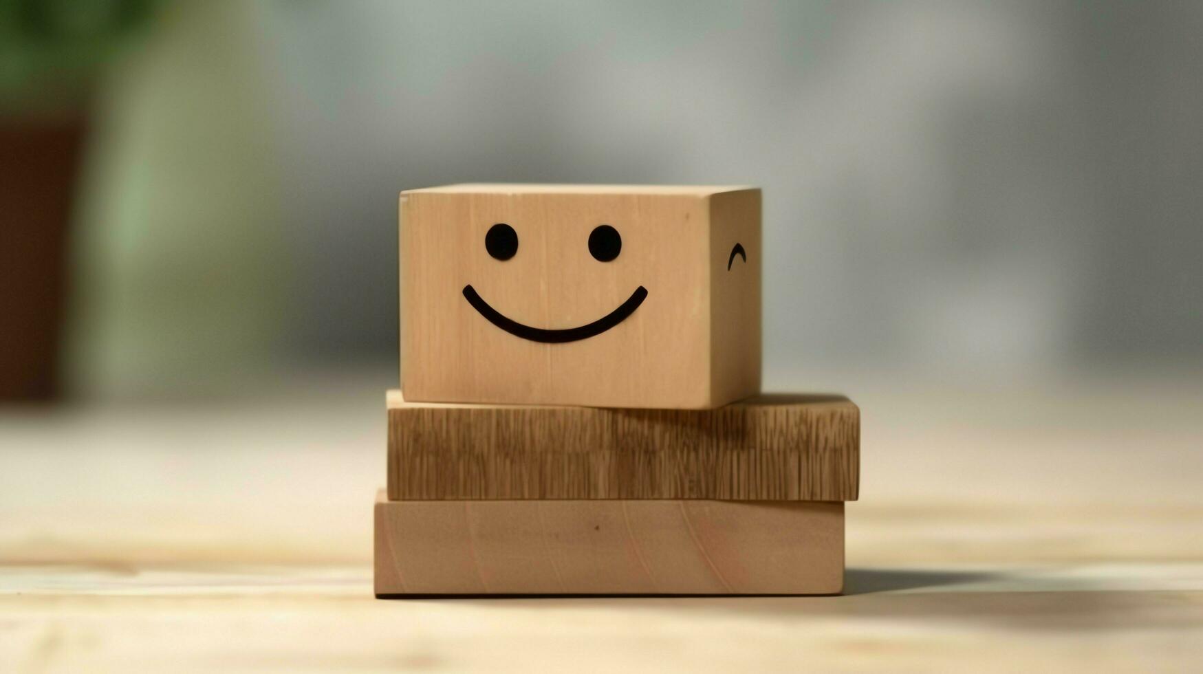 un' di legno bloccare etichetta con contento Sorridi rilassare viso bene risposta cliente. mondo mentale Salute giorno concetto di ai generato foto