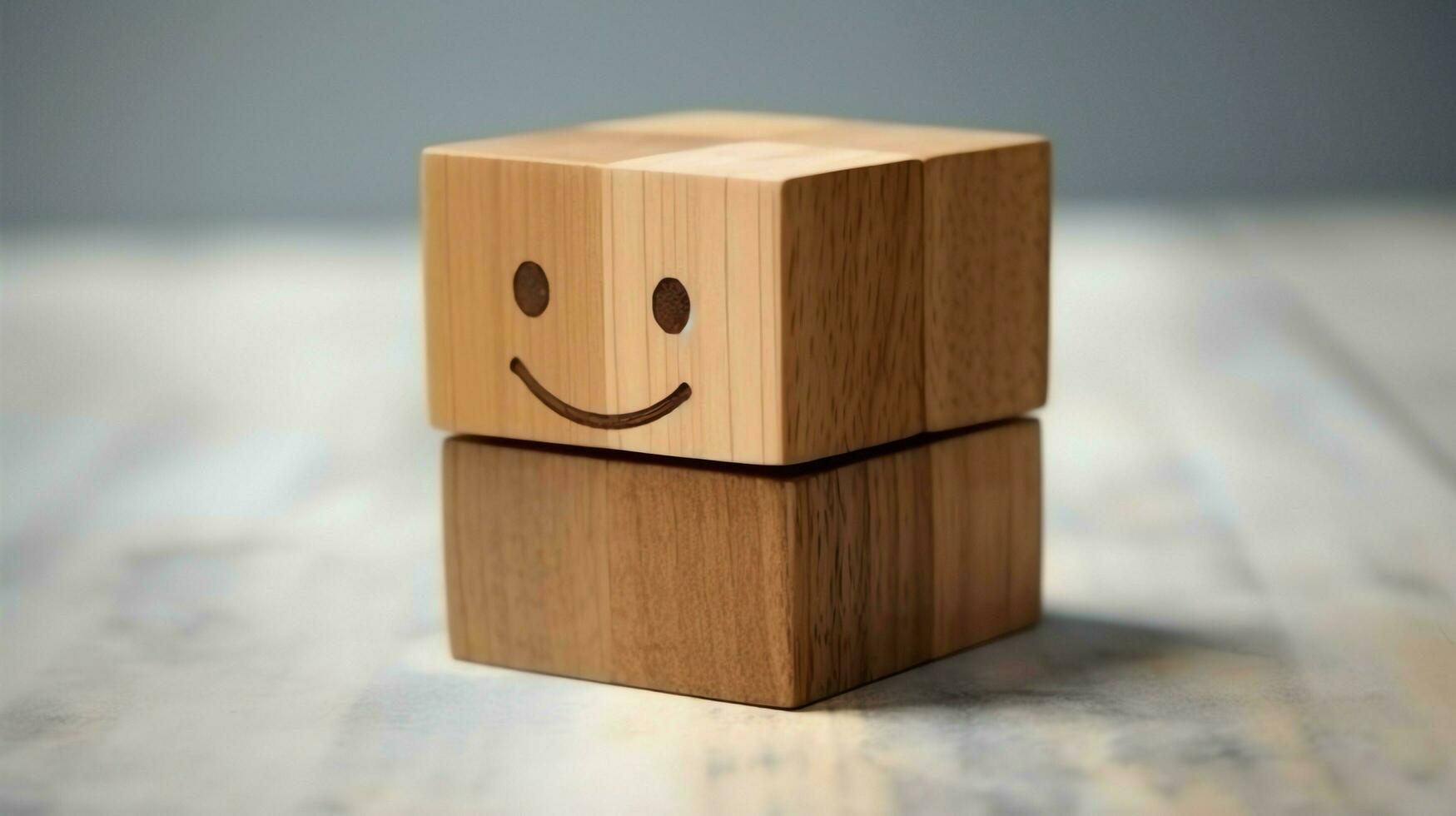 un' di legno bloccare etichetta con contento Sorridi rilassare viso bene risposta cliente. mondo mentale Salute giorno concetto di ai generato foto