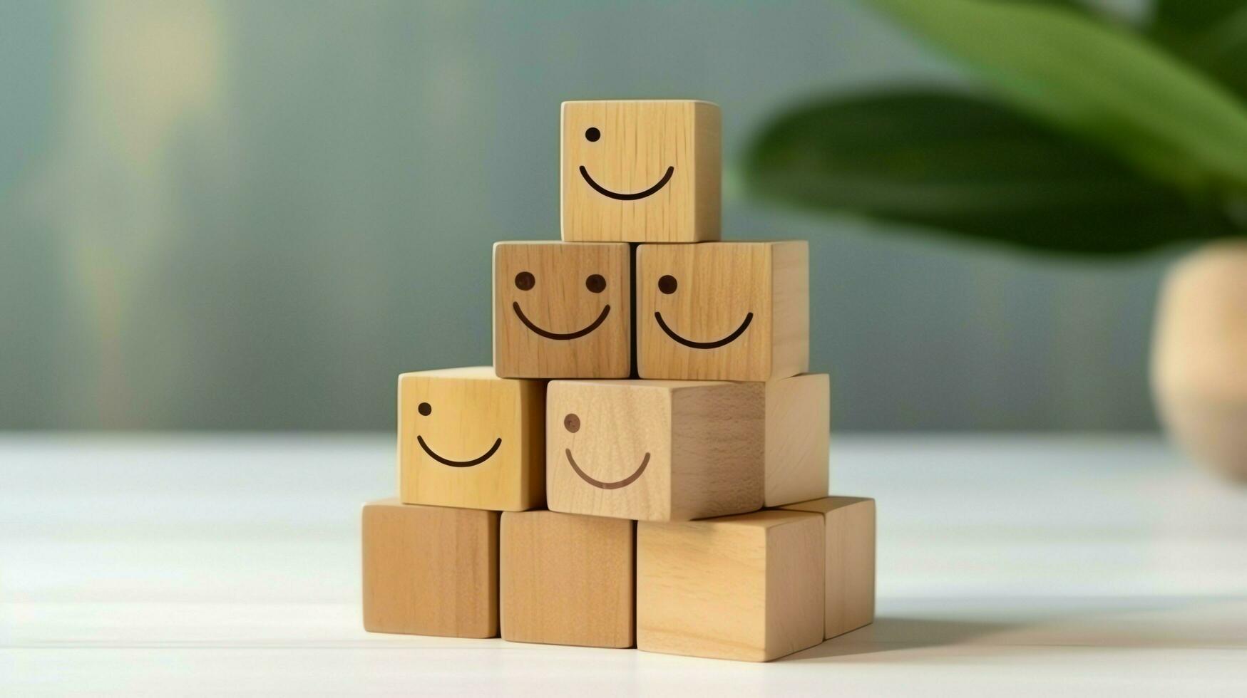 un' di legno bloccare etichetta con contento Sorridi rilassare viso bene risposta cliente. mondo mentale Salute giorno concetto di ai generato foto