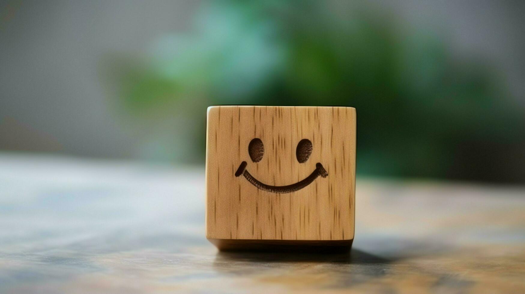 un' di legno bloccare etichetta con contento Sorridi rilassare viso bene risposta cliente. mondo mentale Salute giorno concetto di ai generato foto