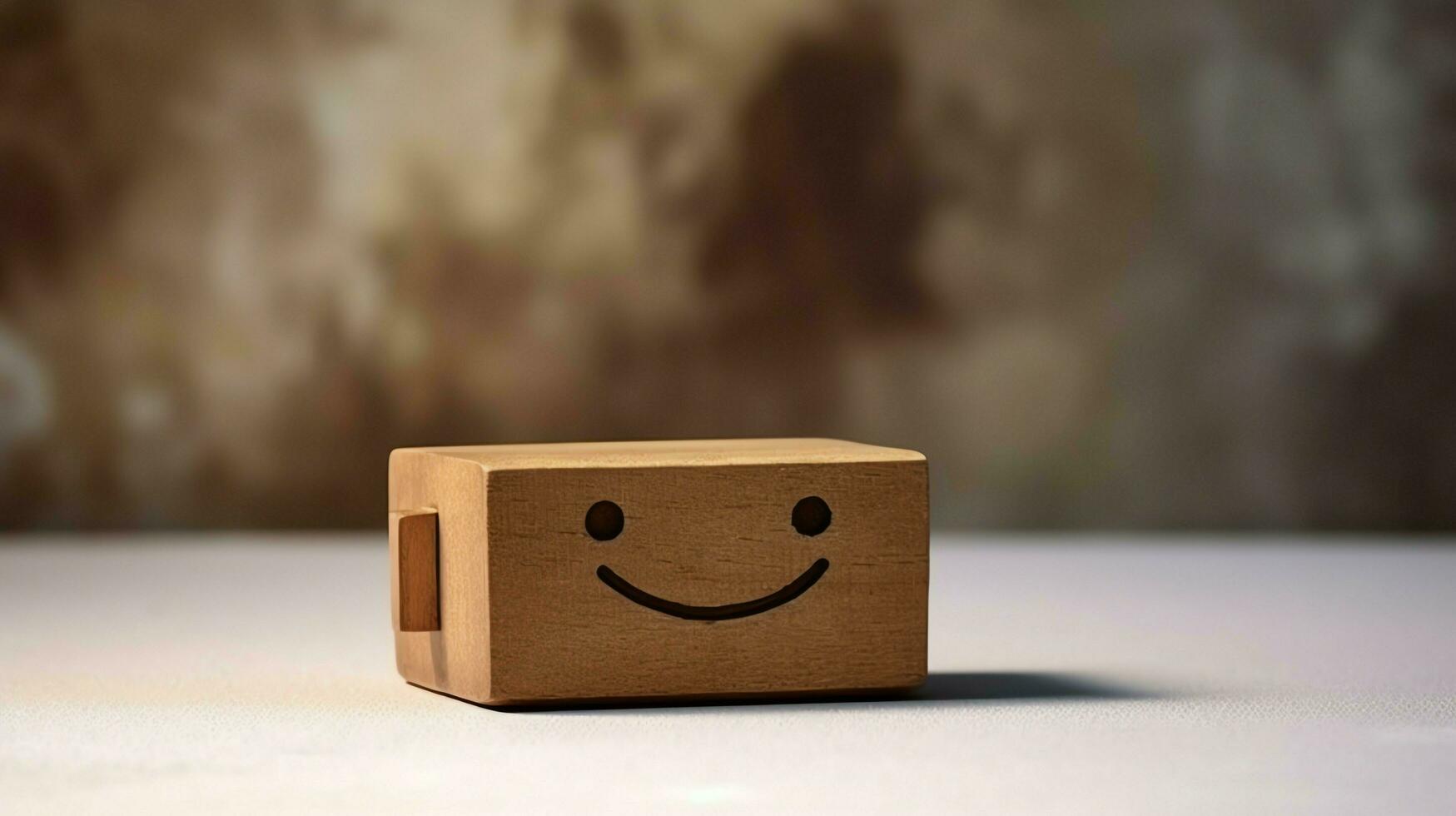 un' di legno bloccare etichetta con contento Sorridi rilassare viso bene risposta cliente. mondo mentale Salute giorno concetto di ai generato foto