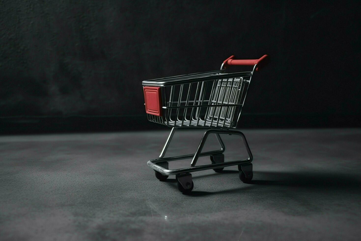 composizione di nero Venerdì shopping carrello con regalo scatole o borse su buio sfondo e copia spazio concetto di ai generato foto