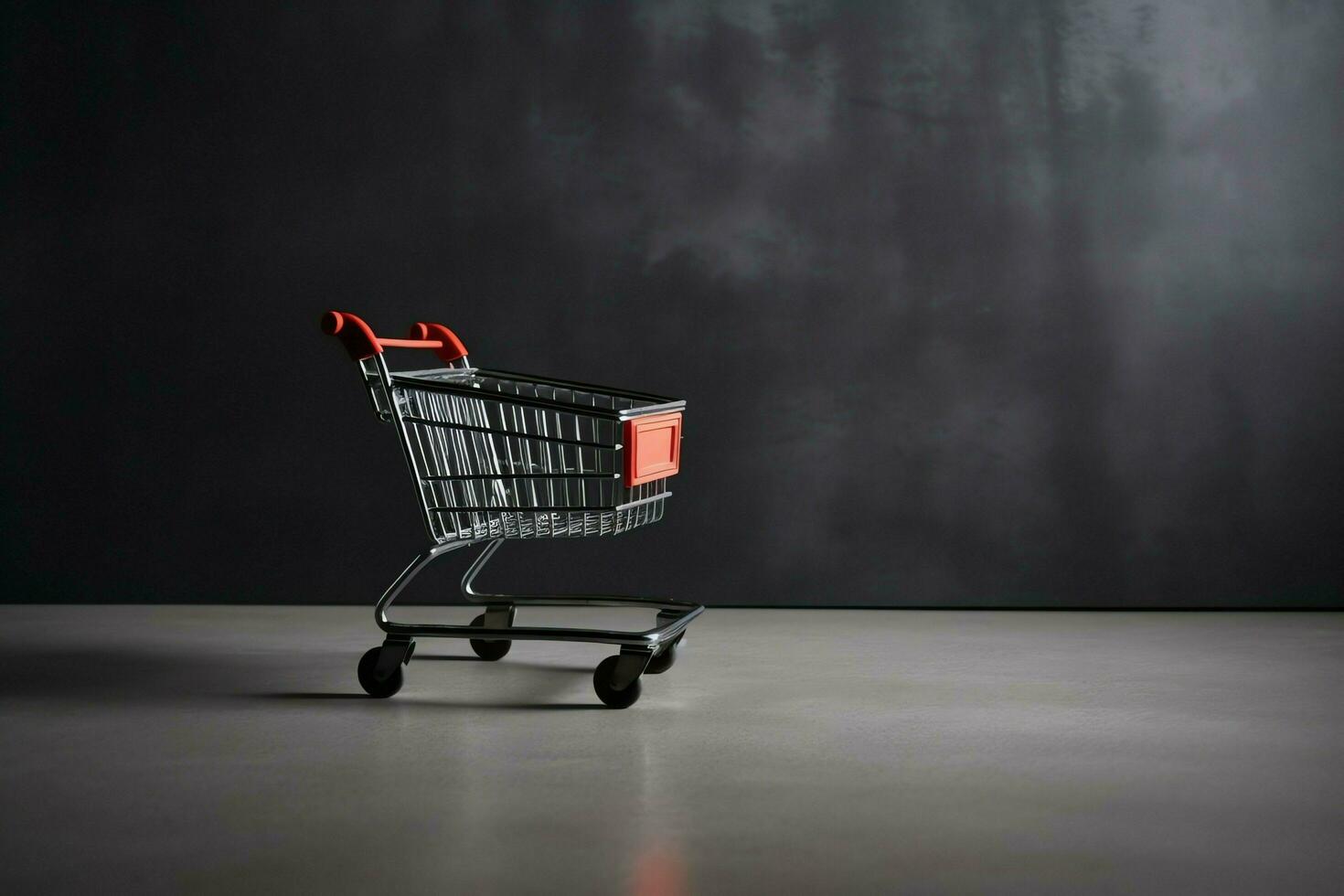 composizione di nero Venerdì shopping carrello con regalo scatole o borse su buio sfondo e copia spazio concetto di ai generato foto