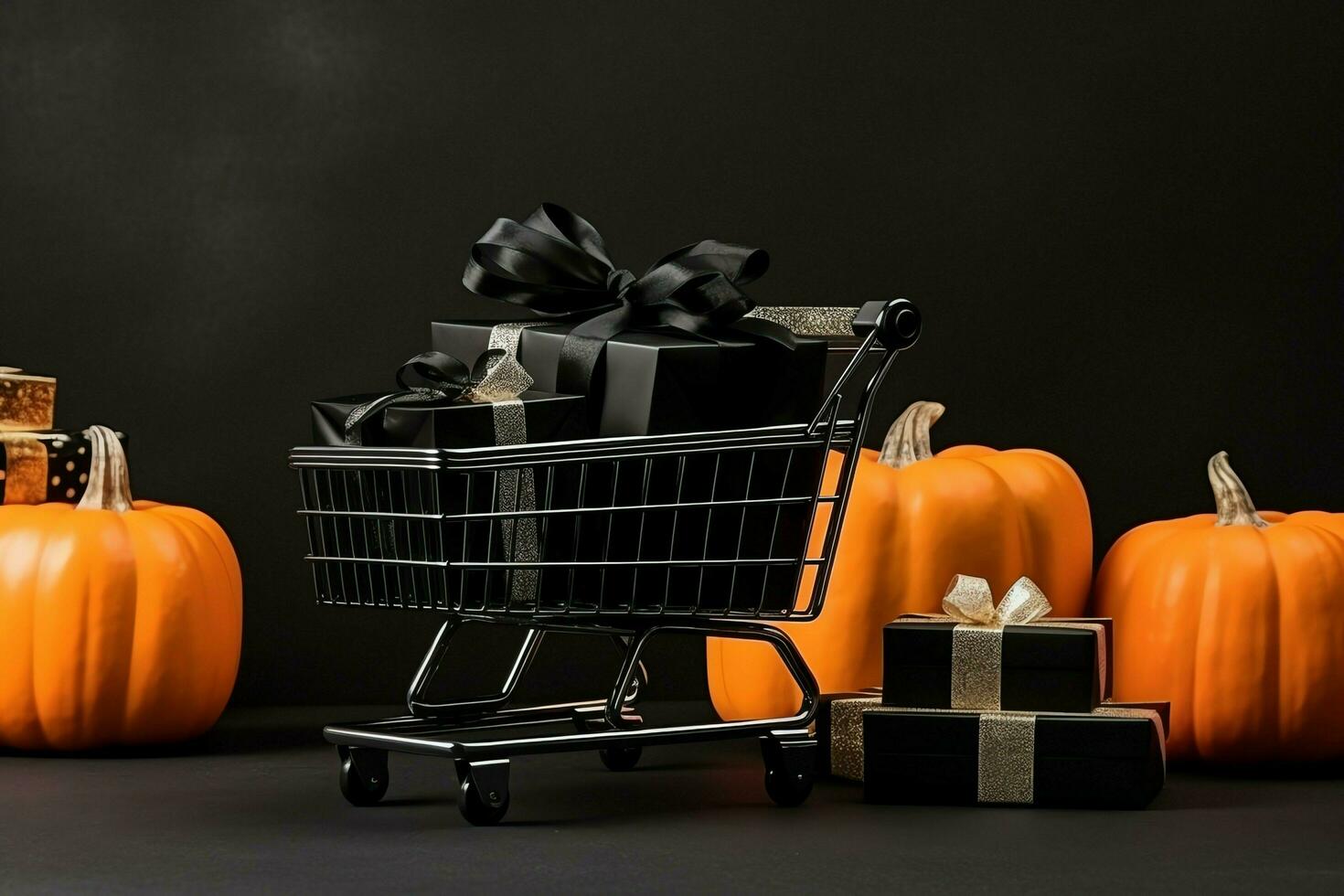 composizione di nero Venerdì shopping carrello con regalo scatole o borse su buio sfondo e copia spazio concetto di ai generato foto