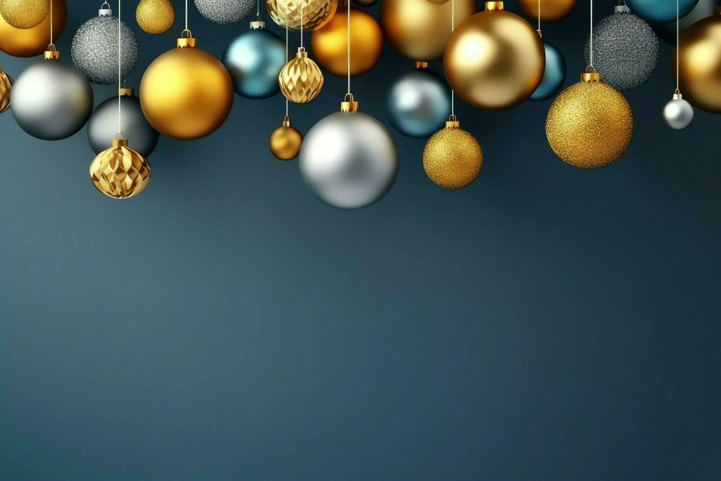 Natale sfondo con Natale palle ornamenti sospeso con copia spazio. Natale decorazione concetto di ai generato foto