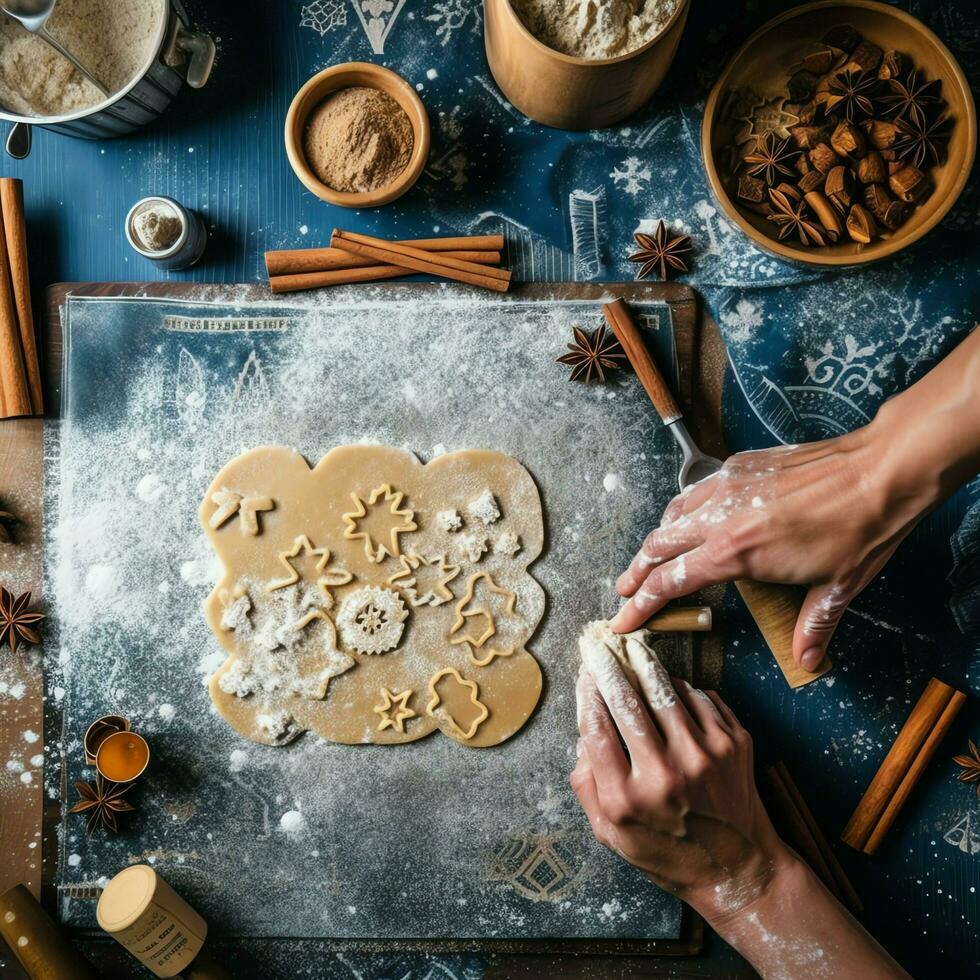 piatto posare di cucinando fatti in casa Natale cottura al forno ingredienti o Pan di zenzero biscotti posto su tavolo concetto di ai generato foto