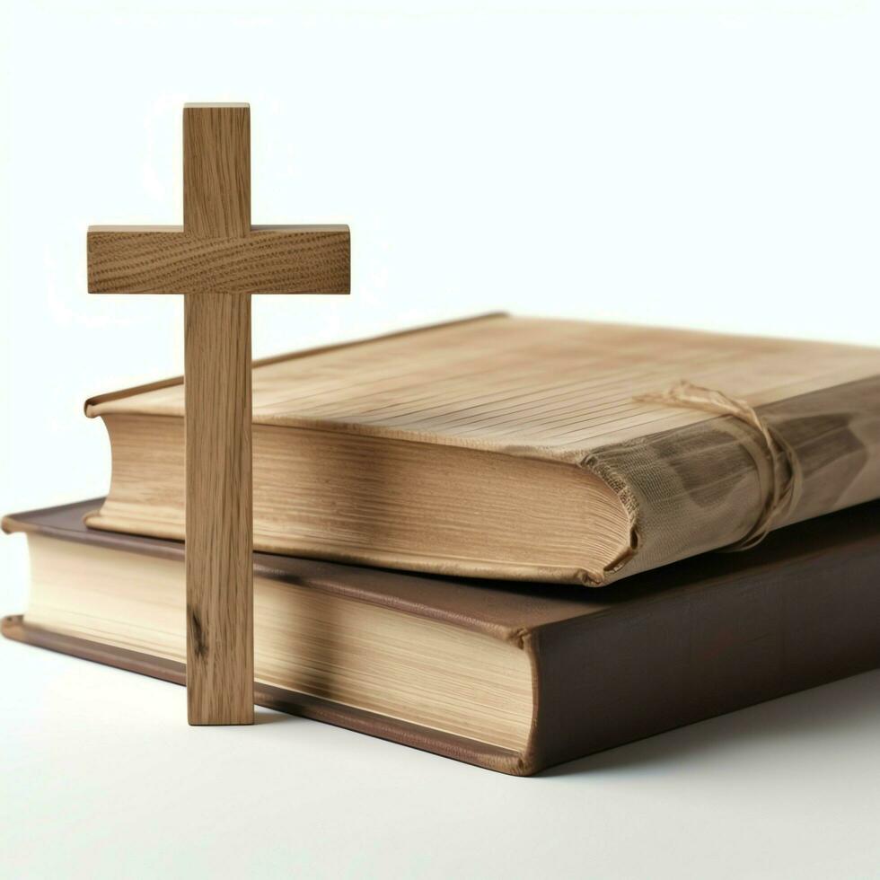 vicino su di un' santo Bibbia e cristiano attraversare su di legno tavolo. contento bene Venerdì o religione concetto di ai generato foto