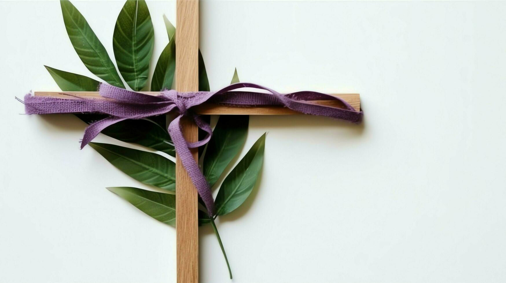 un' cristiano di legno attraversare crocifisso cartello con verde palma le foglie come religioso vacanza. palma Domenica evento concetto di ai generato foto