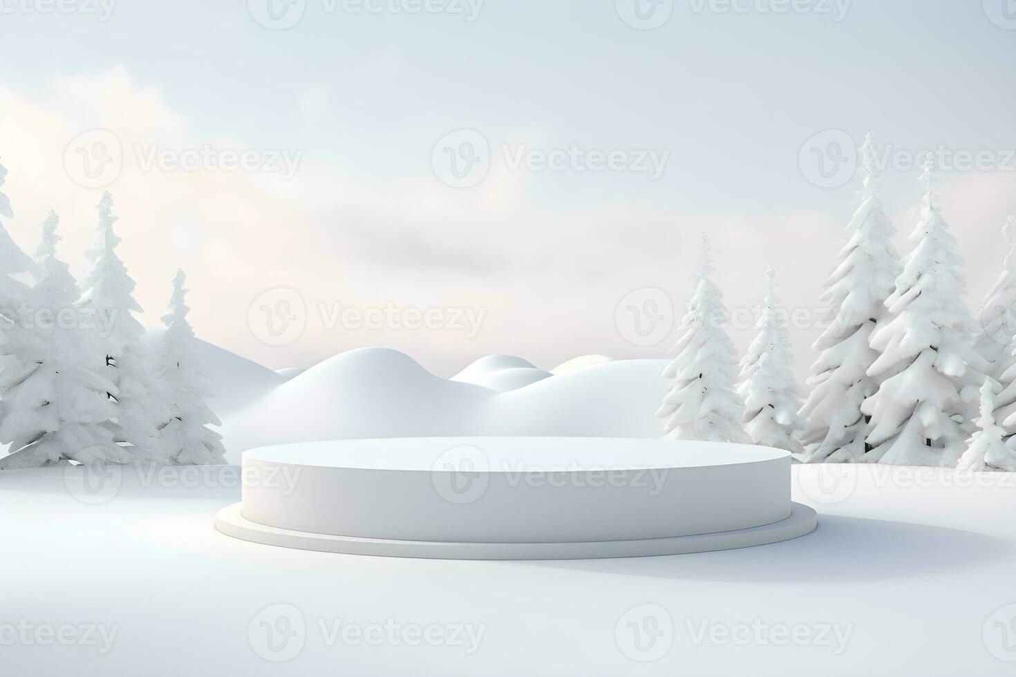 3d podio minimo finto su vuoto palcoscenico con paesaggio neve inverno scena, per Prodotto Schermo presentazione disegno, ai creare foto