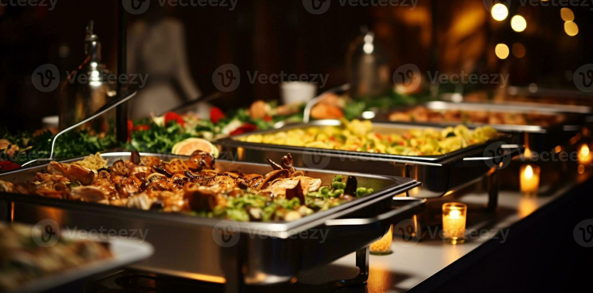 ristorazione buffet cibo interno nel ristorante con carne colorato frutta e verdure. ai generativo foto