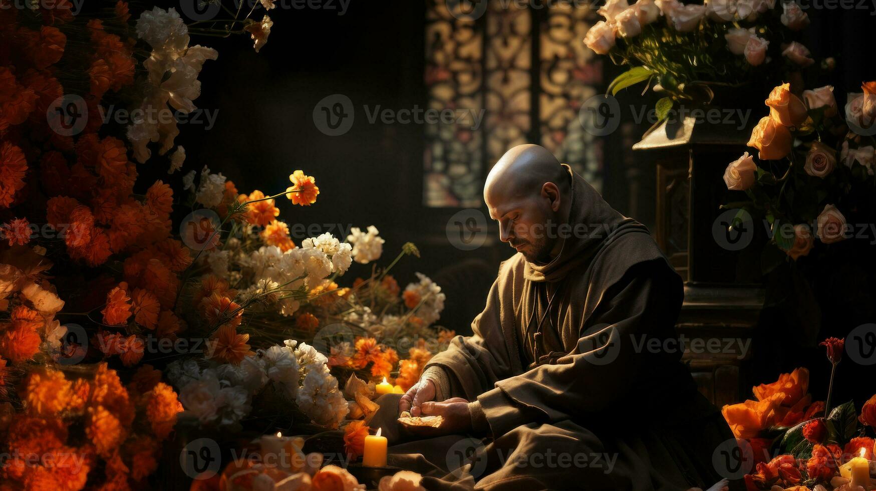 Calvo monaco francescano nel tradizionale Marrone Abiti seduta nel davanti di altare con fiori e pregare. foto