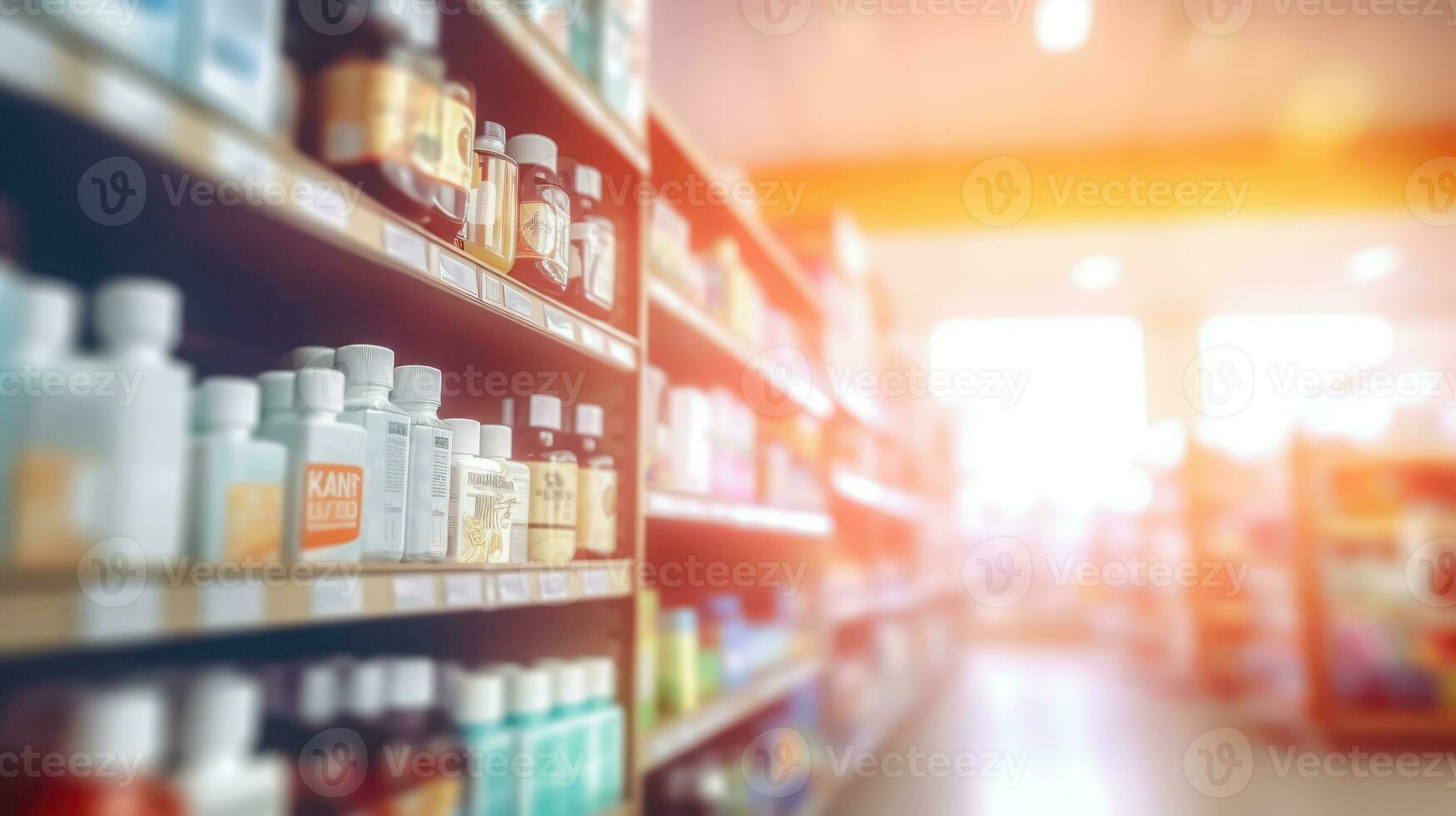 farmaceutico memorizzare interno sfocatura - scaffali di farmaci e assistenza sanitaria merce - generativo ai foto