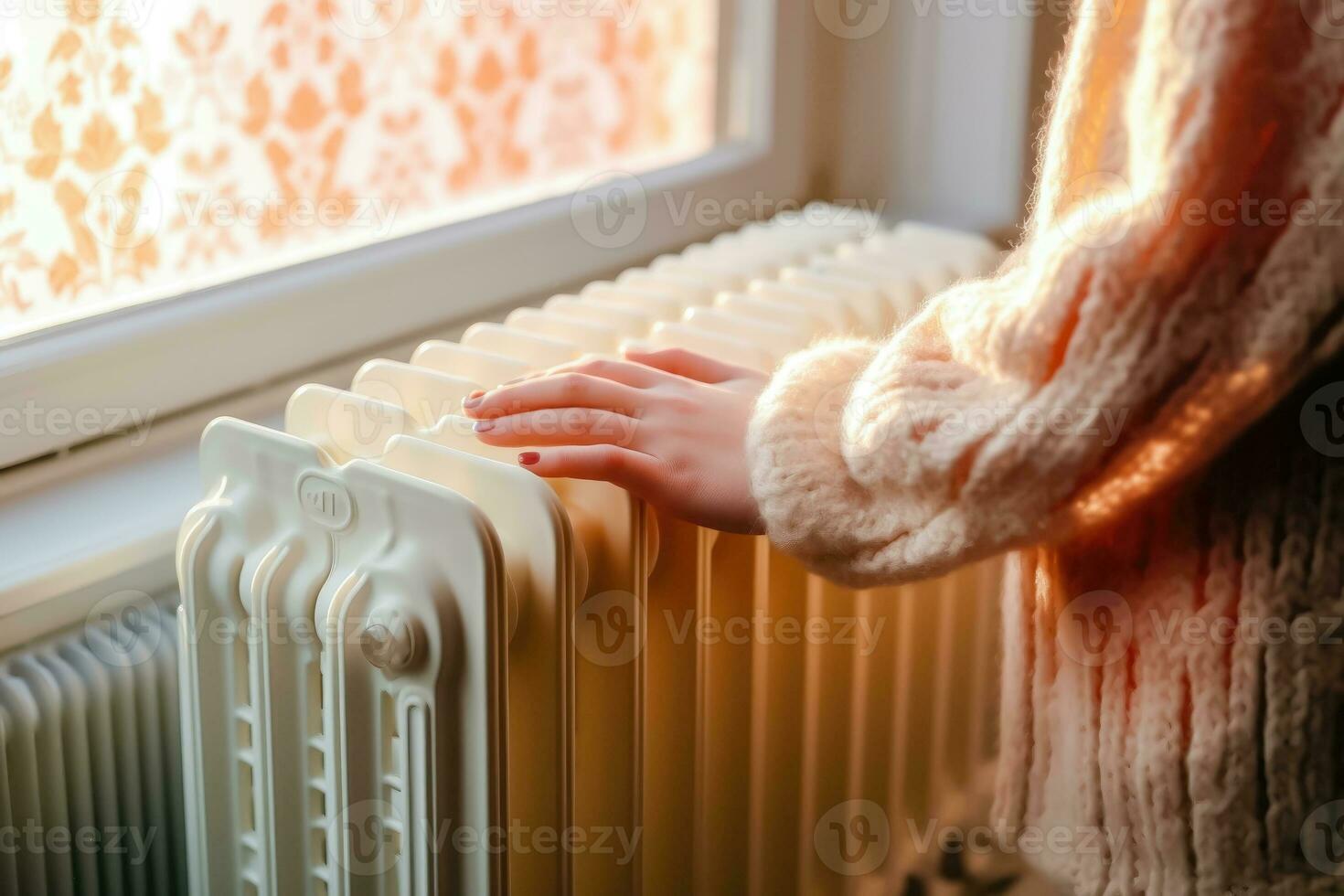 freddo casa - ragazza Tenere radiatori nel caldo maglione - generativo ai foto