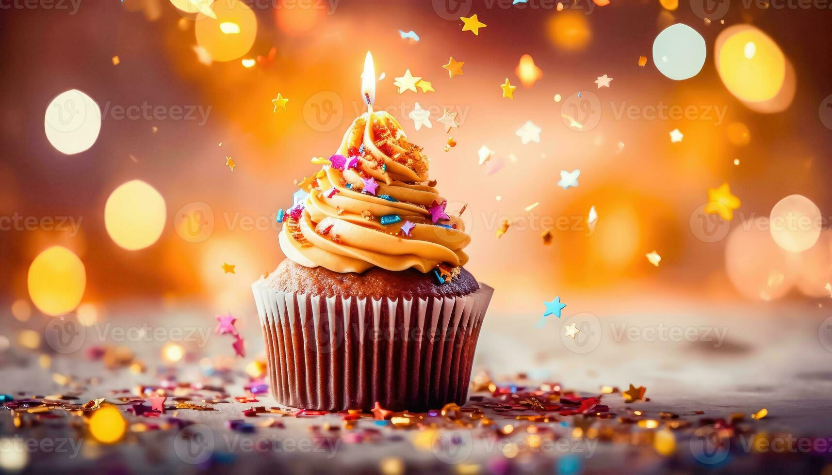 celebrazione Cupcake - crema, dolci, e candela su bokeh sfondo - generativo ai foto