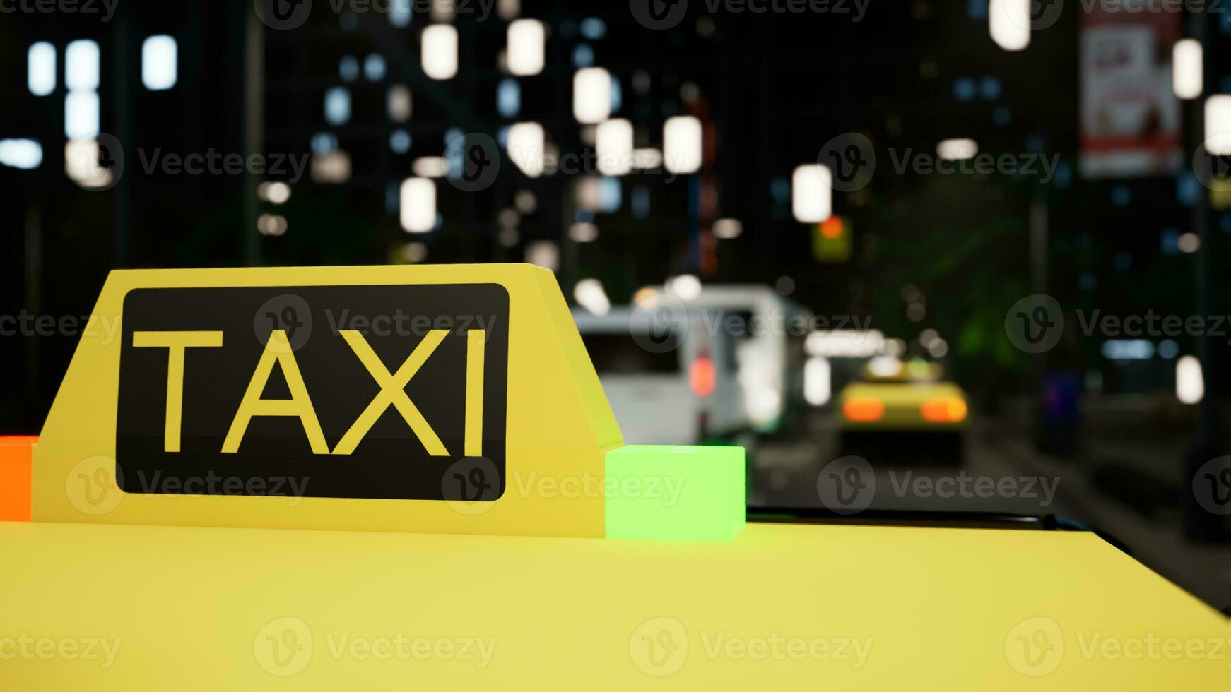 Taxi cartello su giallo auto vicino città centro con grattacieli, moderno automobile passeggeri auto guida su strada in giro ufficio edifici a notte. urbano metropoli. vicino su. 3d rendere animazione. foto
