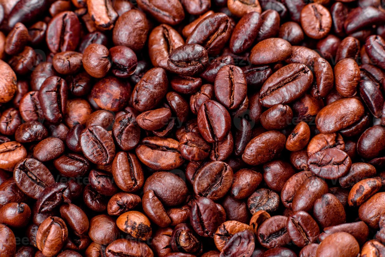 chicchi di caffè tostato fresco primo piano su uno sfondo scuro foto