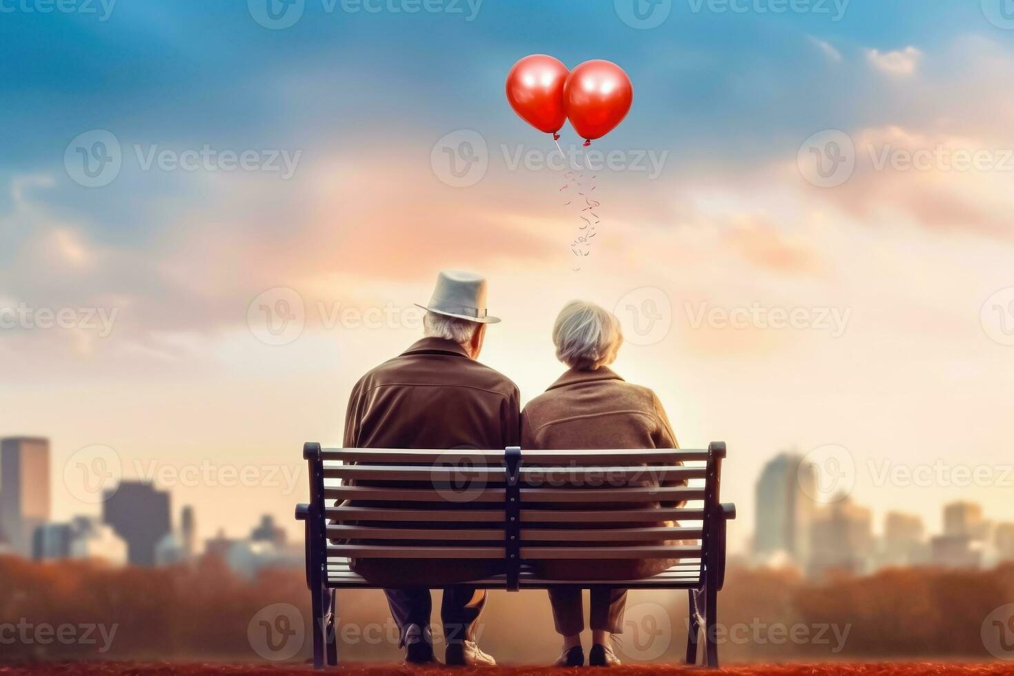 anziano piccioncini - coppia su un' parco panchina con rosso palloncini - generativo ai foto