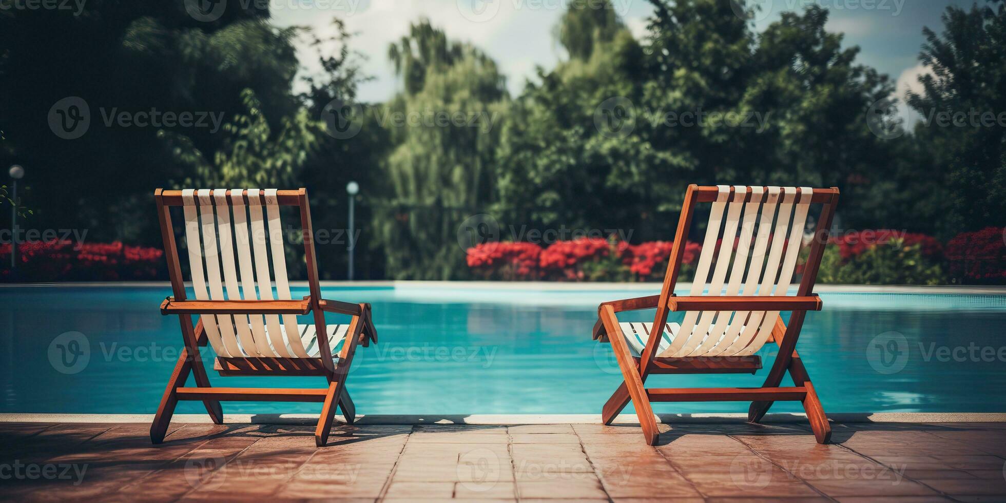 ai generato. ai generativo. Due di legno dec sedie a nuoto piscina. vacanza rilassante Hotel volta. grafico arte foto