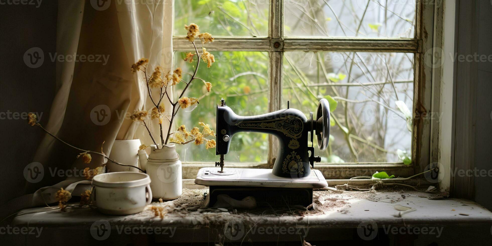 ai generato. ai generativo. Vintage ▾ retrò cucire macchina su finestra con fiori. decorativo casa accogliente sfondo. grafico arte foto