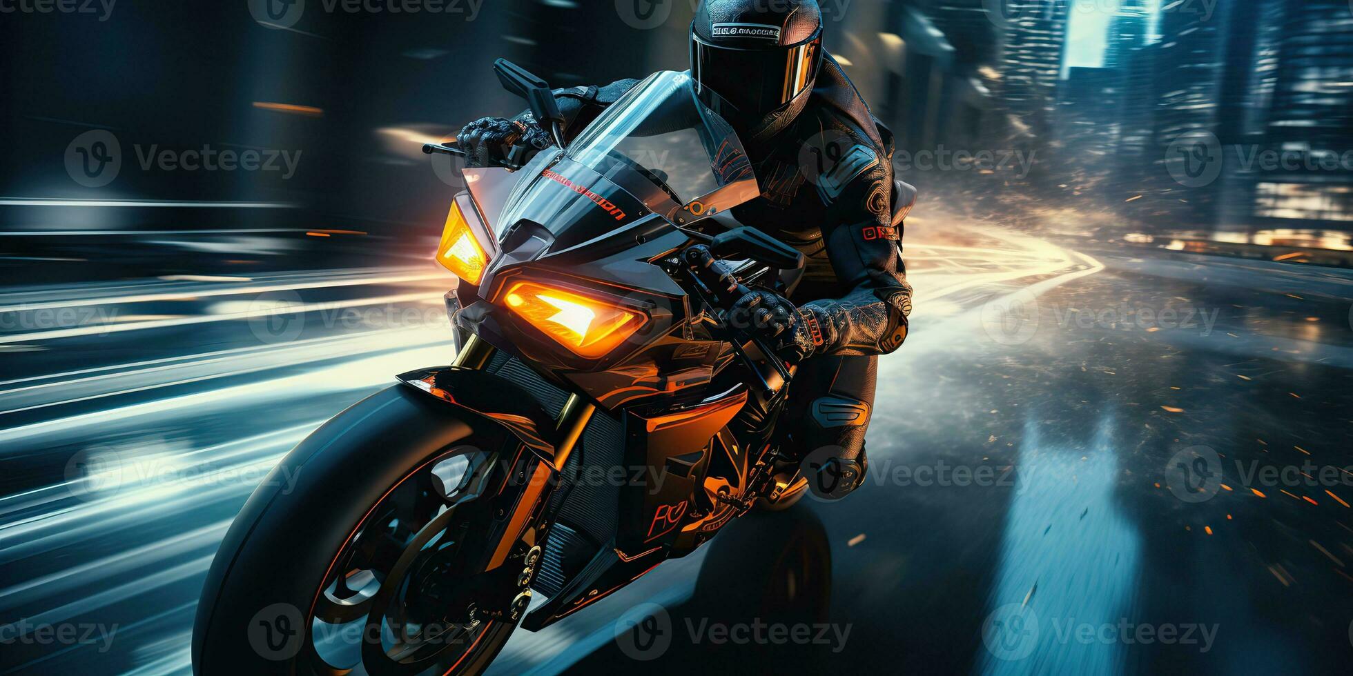 ai generato. ai generativo. motocicletta motociclista ciclista su sport futuro motociclo nel movimento muoversi. cyberpunk synthwave vibrazione. grafico arte foto