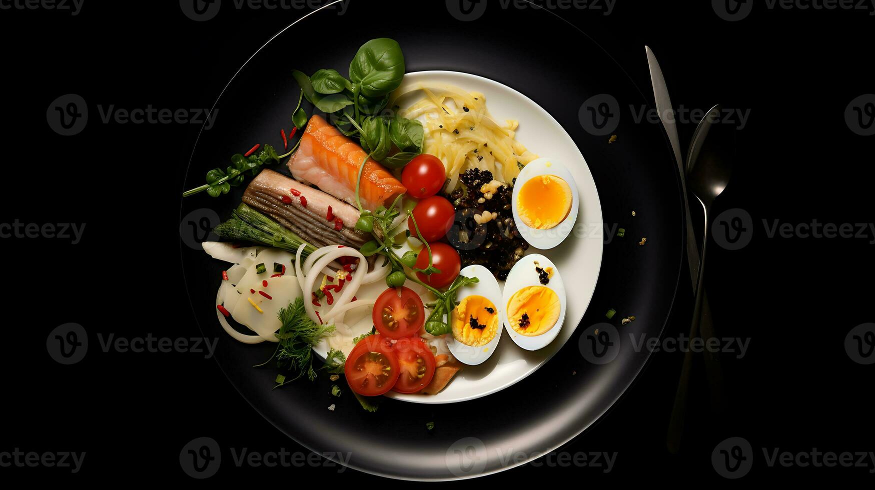 gustoso cibo piatto su un' nero sfondo ai generato foto