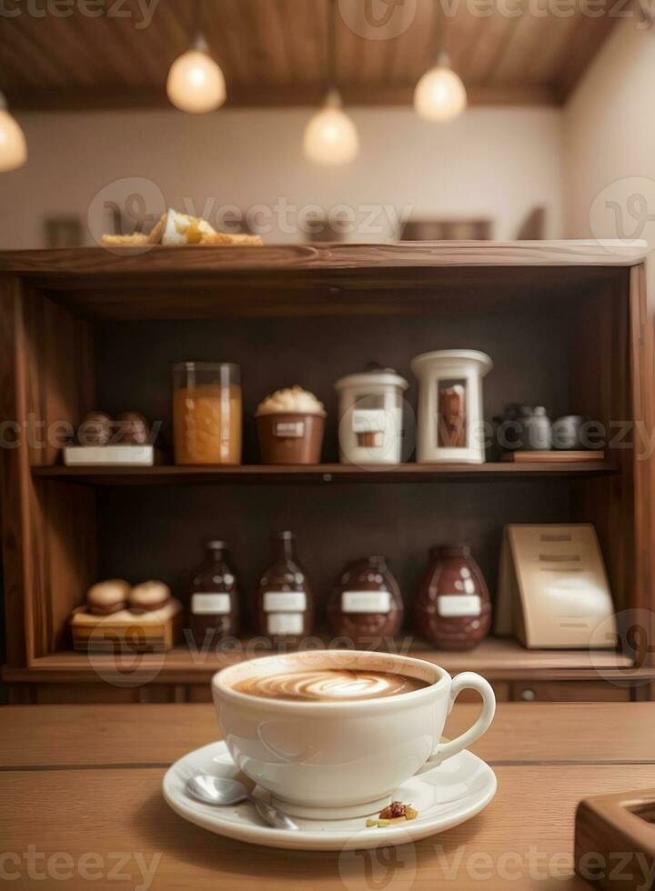 un' tazza di caffè su tavolo nel caffè negozio ai generato foto