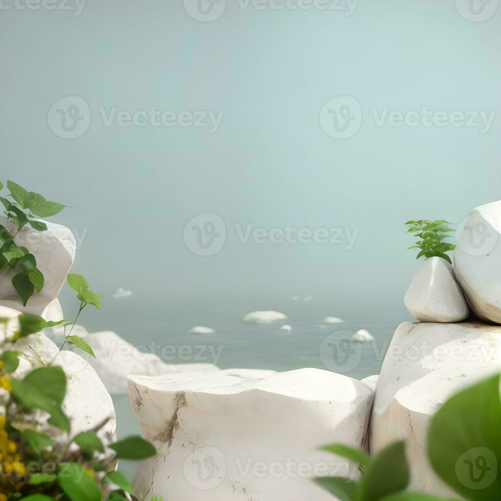 naturale pietra podio Prodotto Schermo modello con oceano sfondo ai generato foto