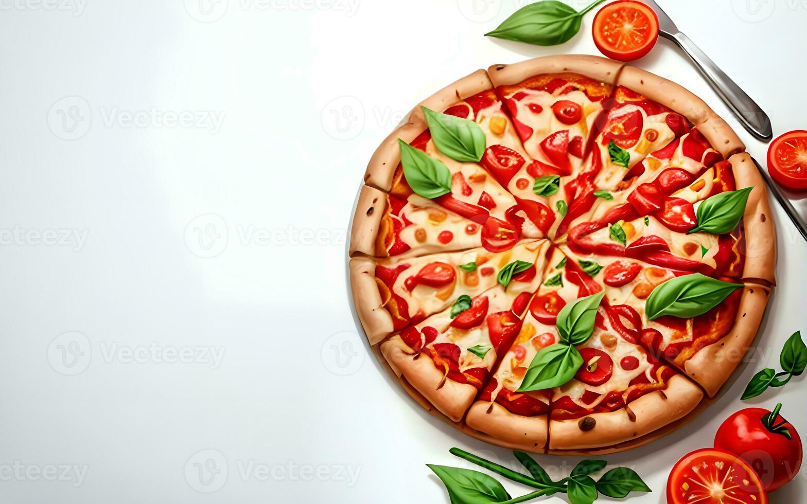 delizioso Pizza illustrazione nel bianca sfondo con copia spazio ai generato foto