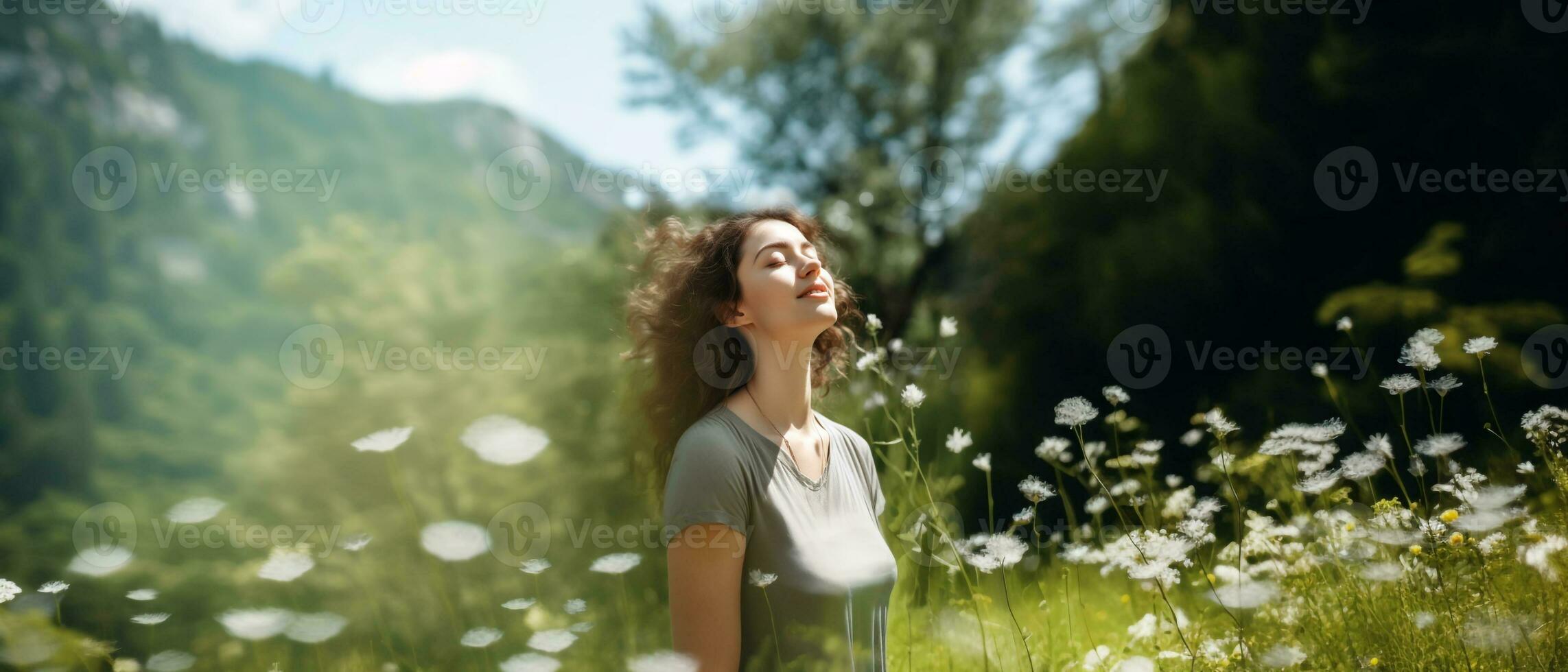 armonia, vicino per natura concetti, un' giovane femmina prendere in profondità respirazione fresco aria nel il selvaggio fiori prato di verde foresta. coinvolgente corpo e mente con natura, concetto di calma, eh generativo foto