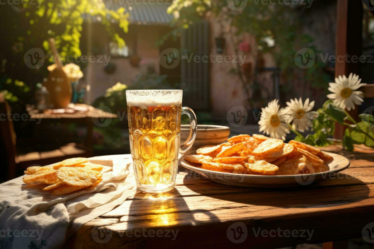 un' bicchiere di birra sta su un' di legno tavolo con patatine fritte. ai generato foto