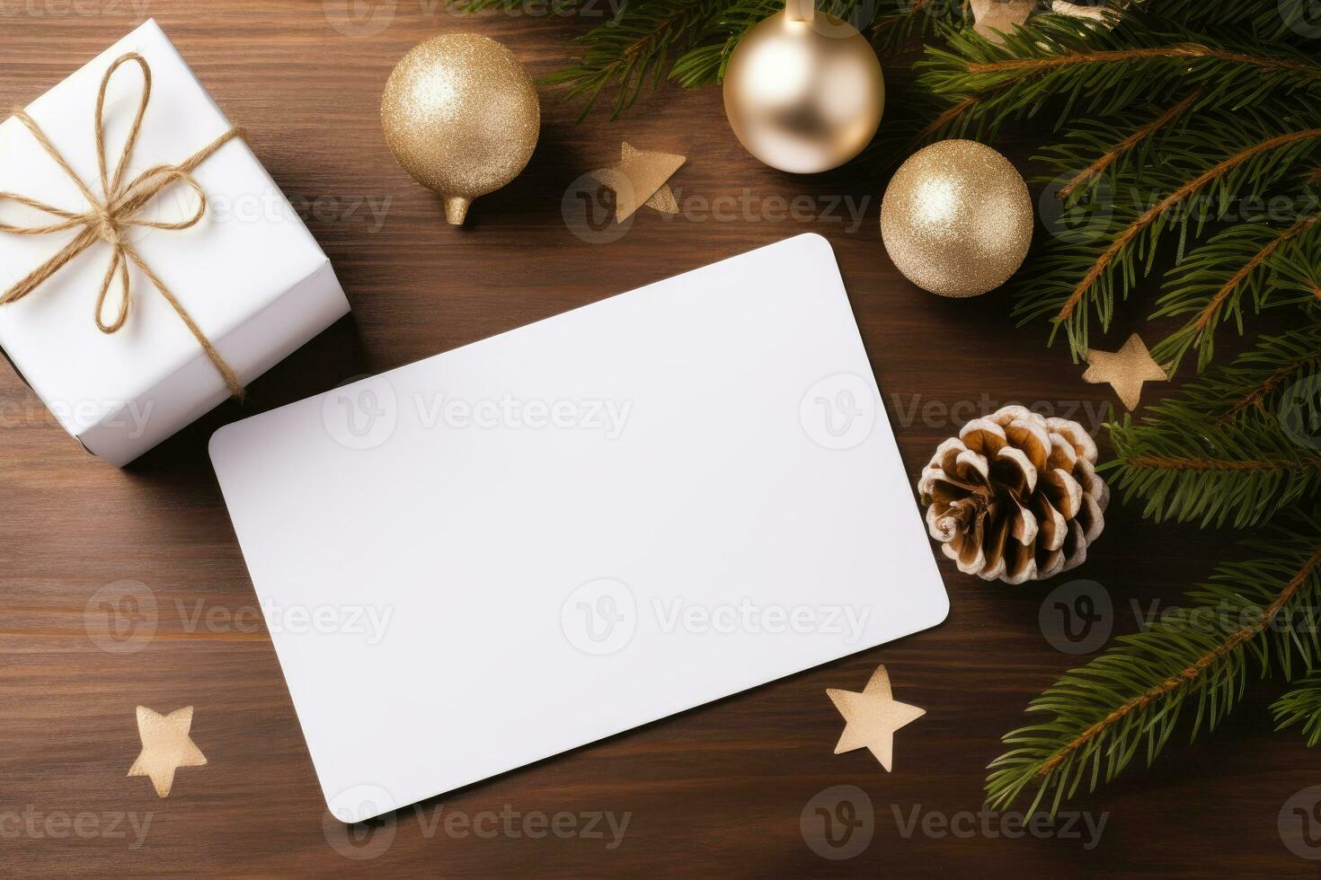 un' modello di un' bianca etichetta carta con un' regalo scatola con Natale albero giocattoli e coni. ai generato foto