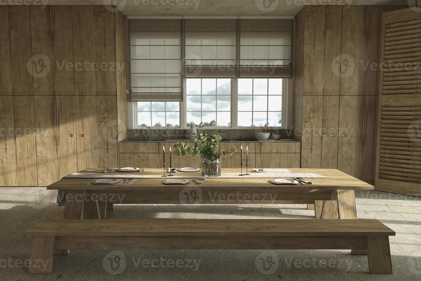 cucina in legno in stile rustico e tavolo da pranzo con stoviglie foto