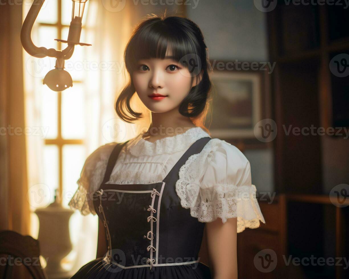 carino asiatico giovane ragazza vestito nel lolita domestica vestito ai generativo foto