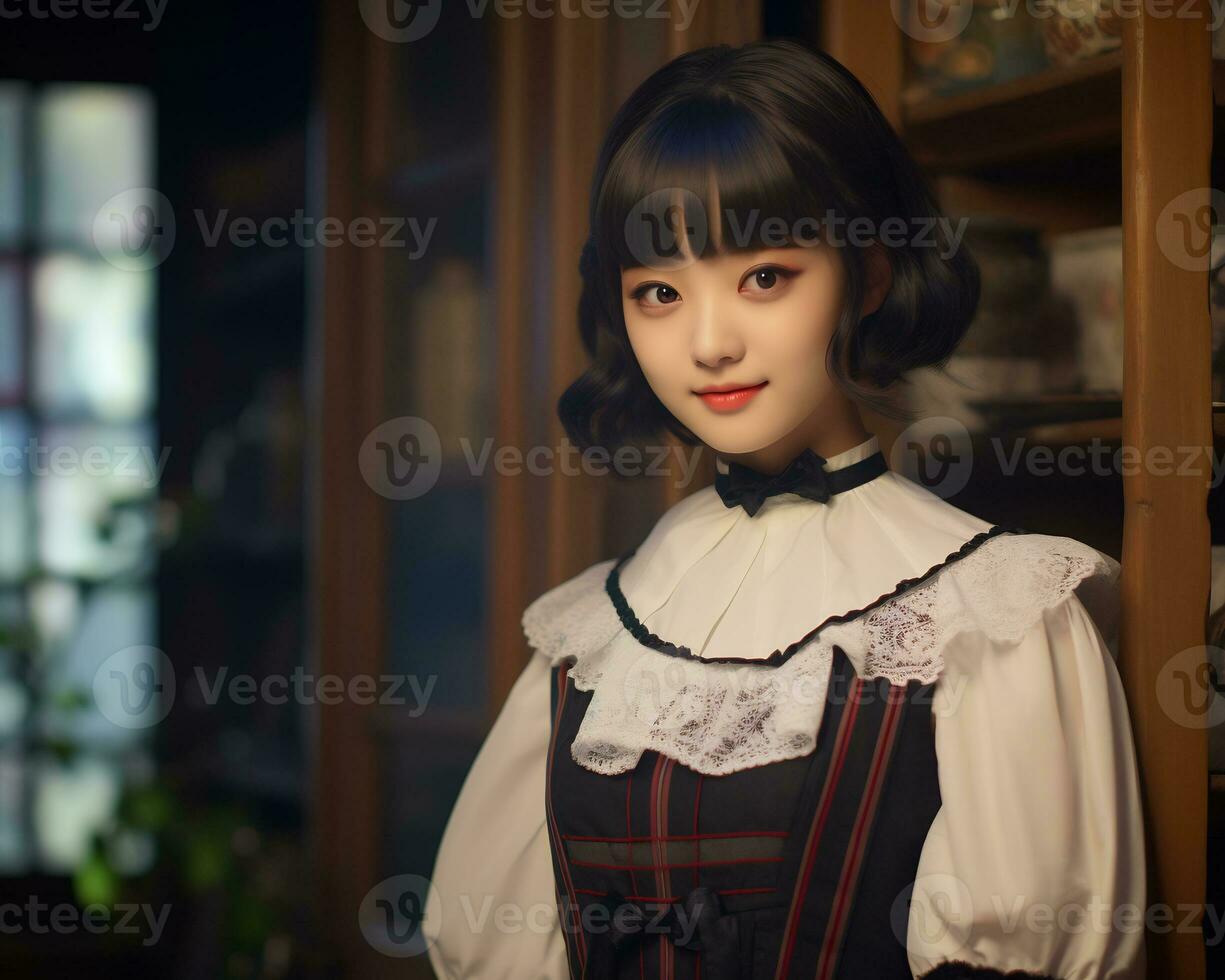 carino asiatico giovane ragazza vestito nel lolita domestica vestito ai generativo foto