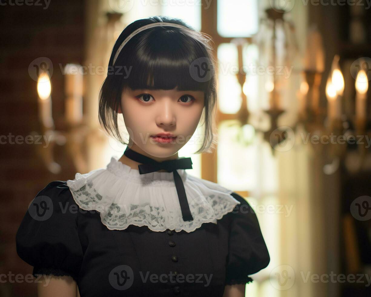 carino asiatico giovane ragazza vestito nel lolita domestica vestito ai generativo foto