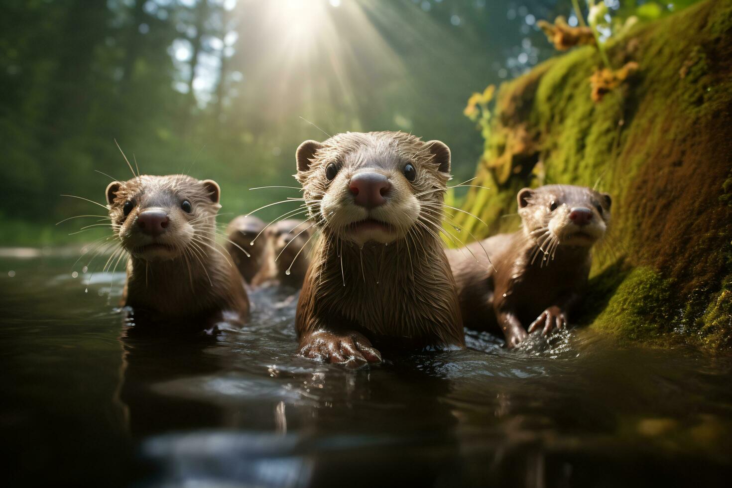 gruppo di giocoso lontre nuoto nel il fiume ai generativo foto