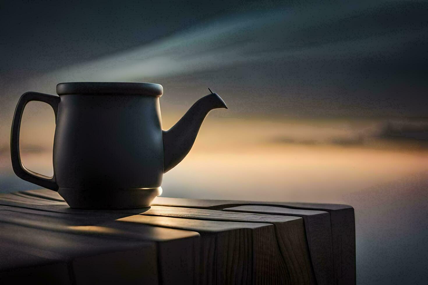 un' nero teiera su un' di legno tavolo con un' tramonto nel il sfondo. ai-generato foto