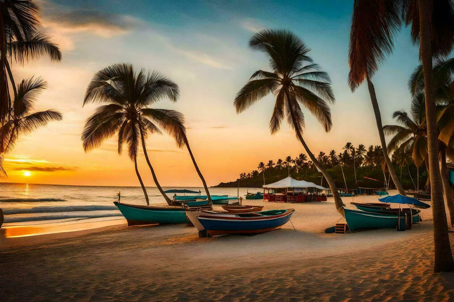 Barche su il spiaggia a tramonto con palma alberi. ai-generato foto