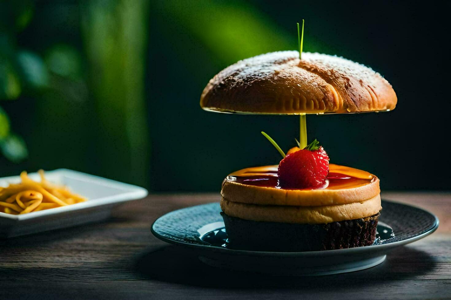 un' dolce con un' fragola su superiore di esso. ai-generato foto