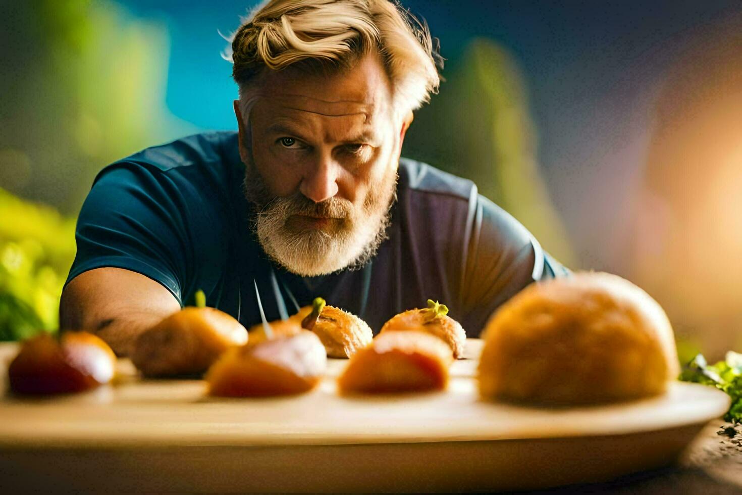 un' uomo con un' barba e barba è guardare a alcuni cibo. ai-generato foto