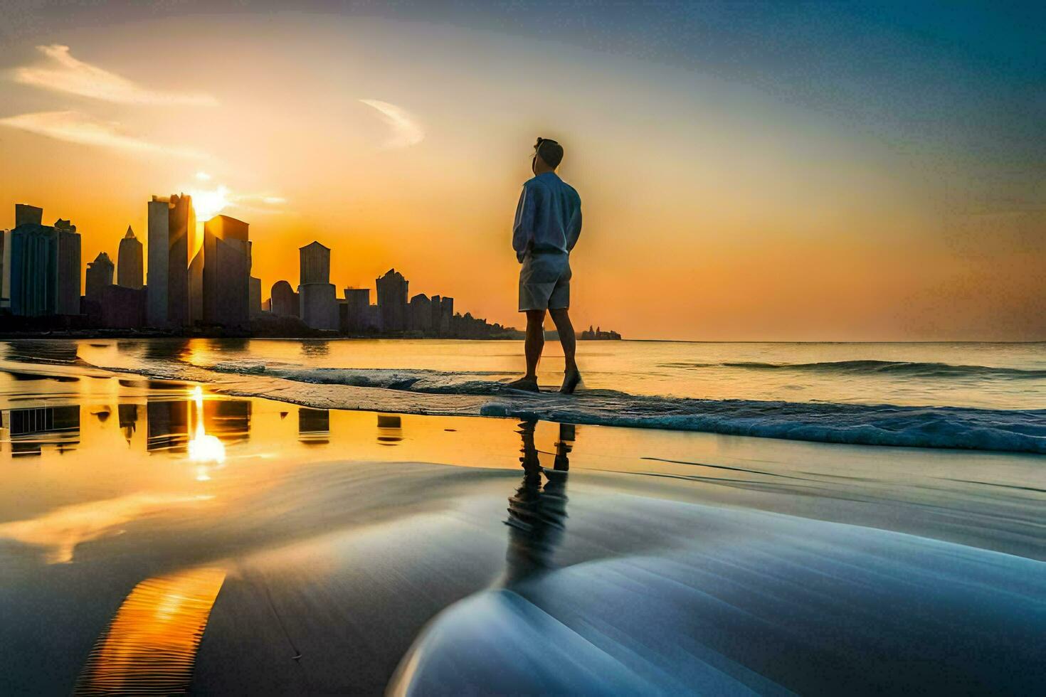 un' uomo in piedi su il spiaggia a tramonto. ai-generato foto