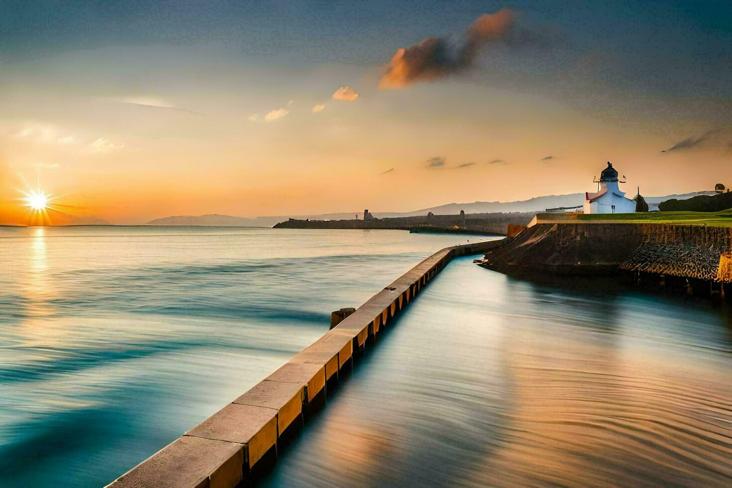 un' faro a tramonto su il costa. ai-generato foto