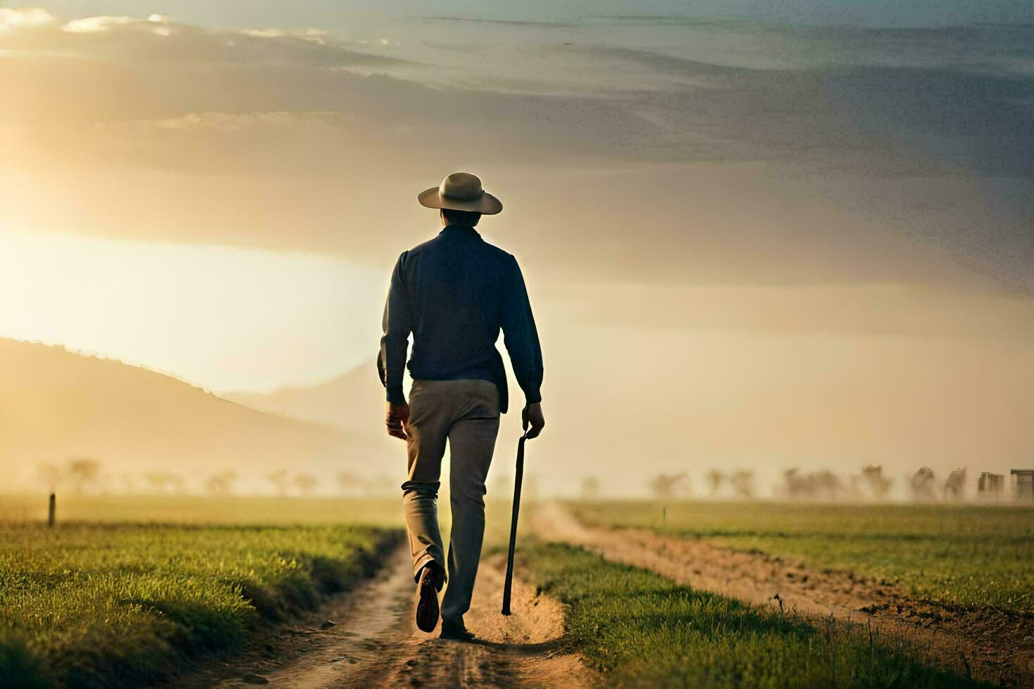 un' uomo a piedi su un' sporco strada nel il mezzo di un' campo. ai-generato foto